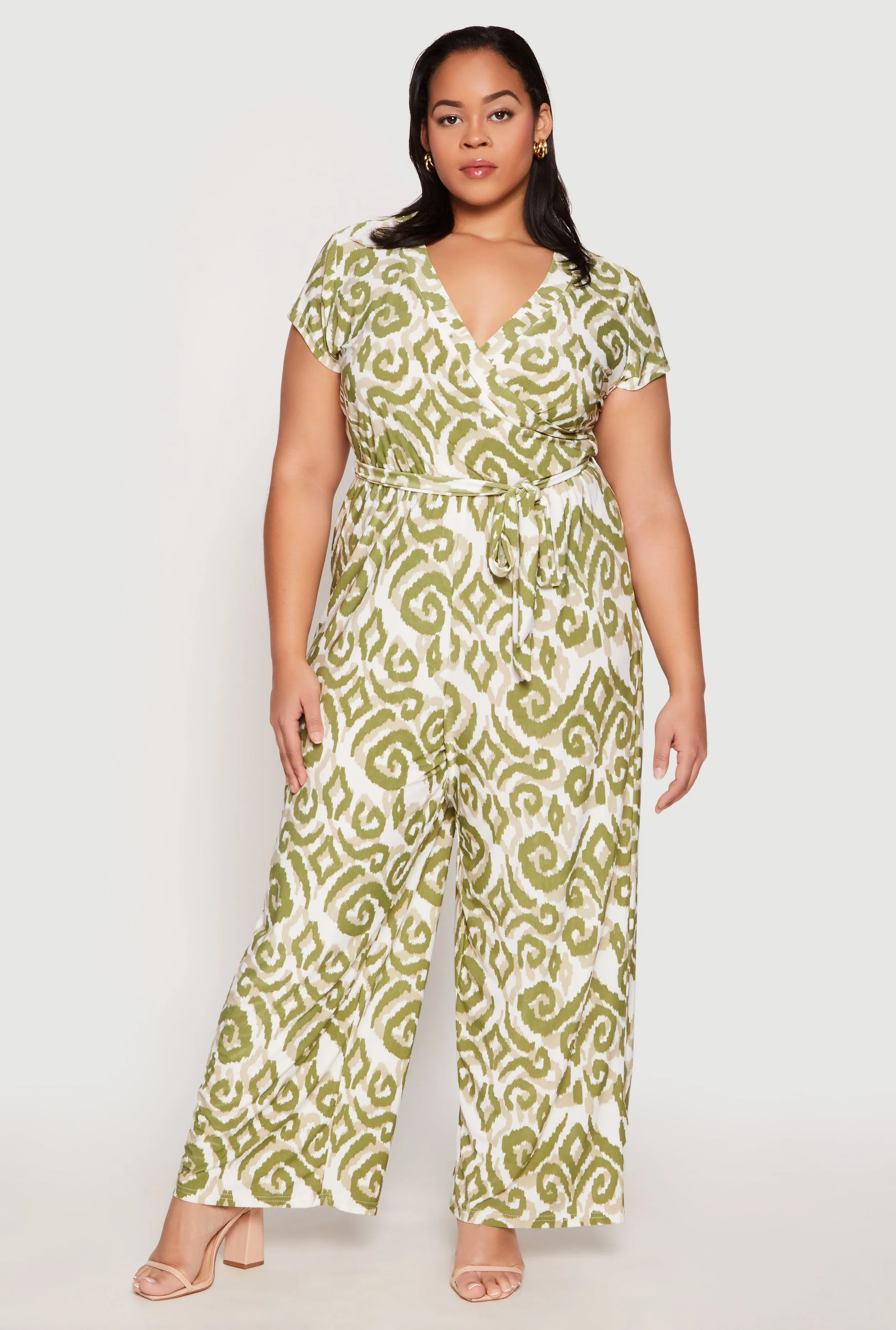 Plus Size Printed Pattern Faux Wrap Tie Waist Jumpsuit sold by Rainbow