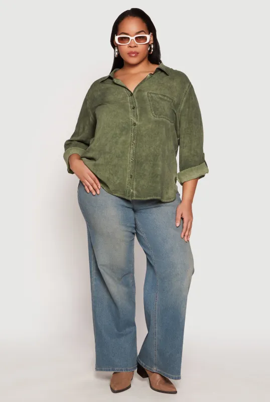 Plus Size Acid Wash Button Front Shirt sold by Rainbow