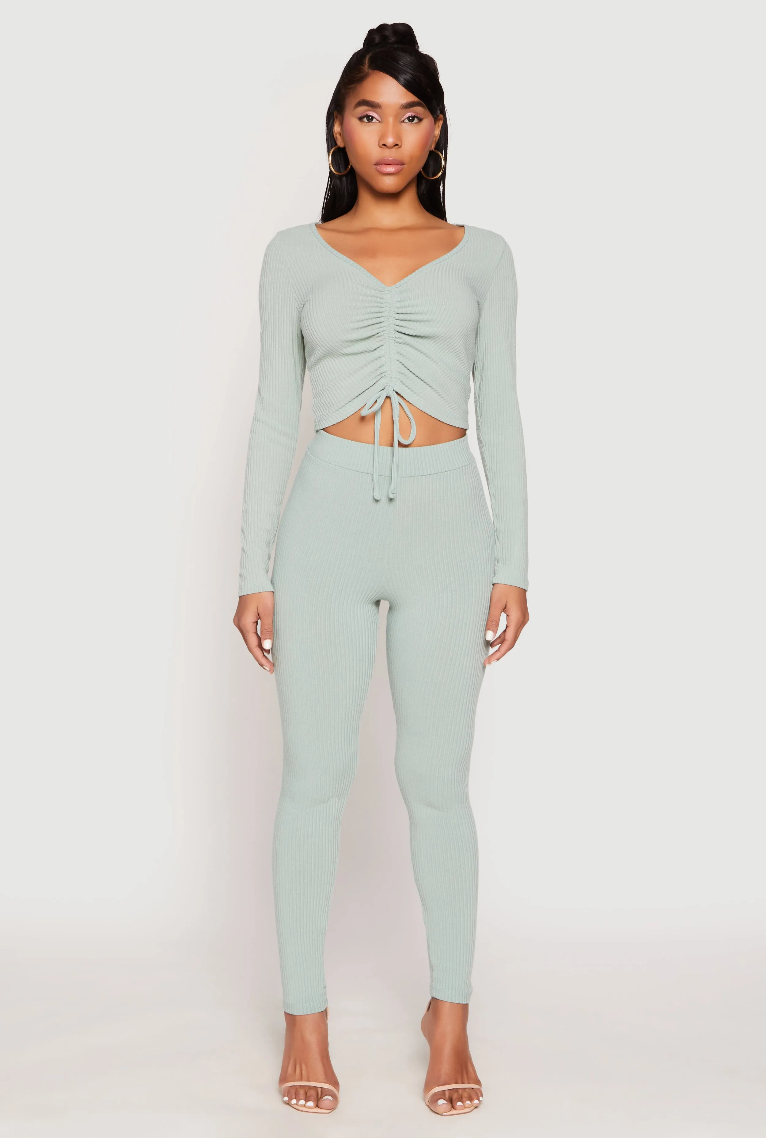 Rib Knit Drawstring Front Ruched Crop Top sold by Rainbow product image thumbnail 2