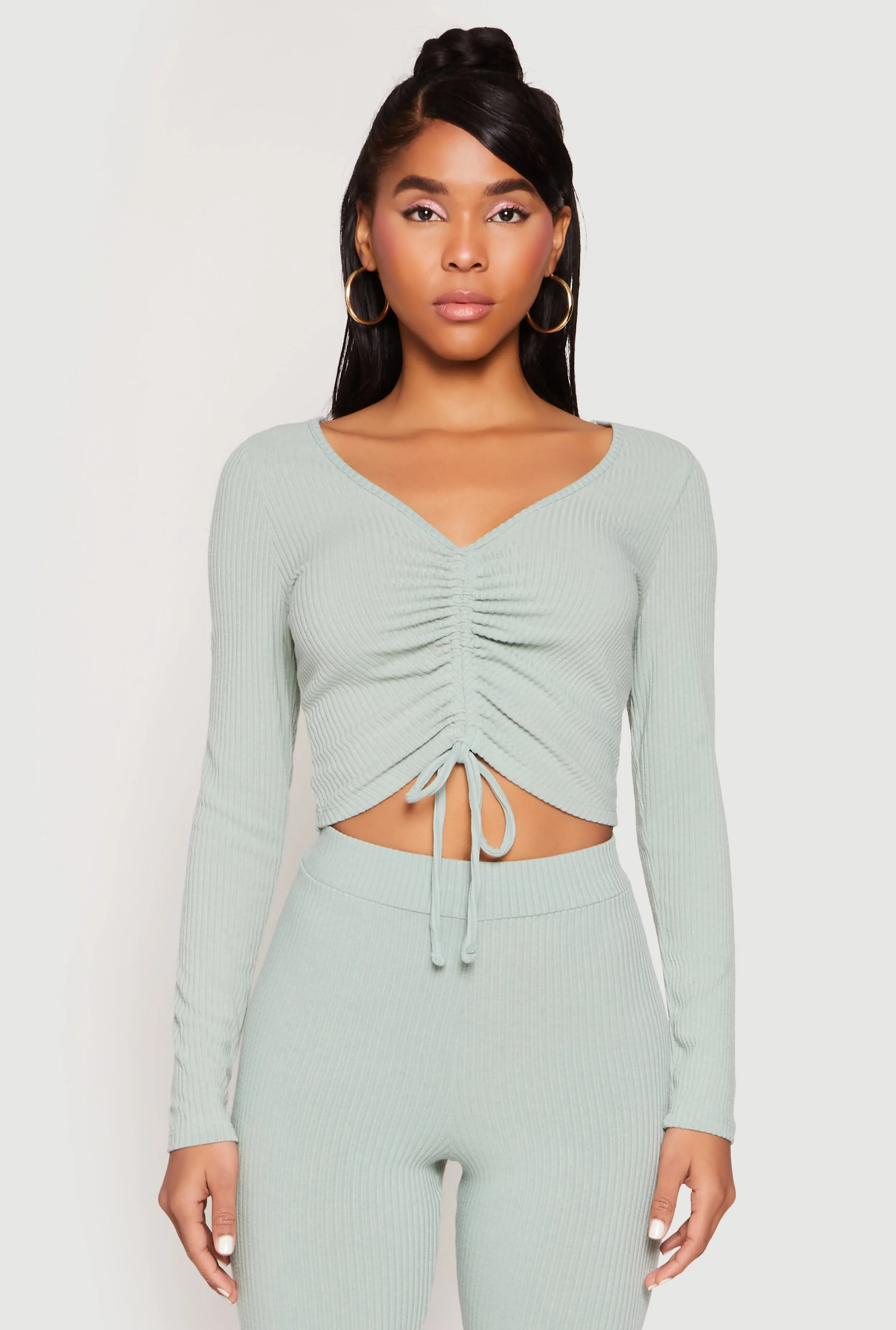 Rib Knit Drawstring Front Ruched Crop Top sold by Rainbow