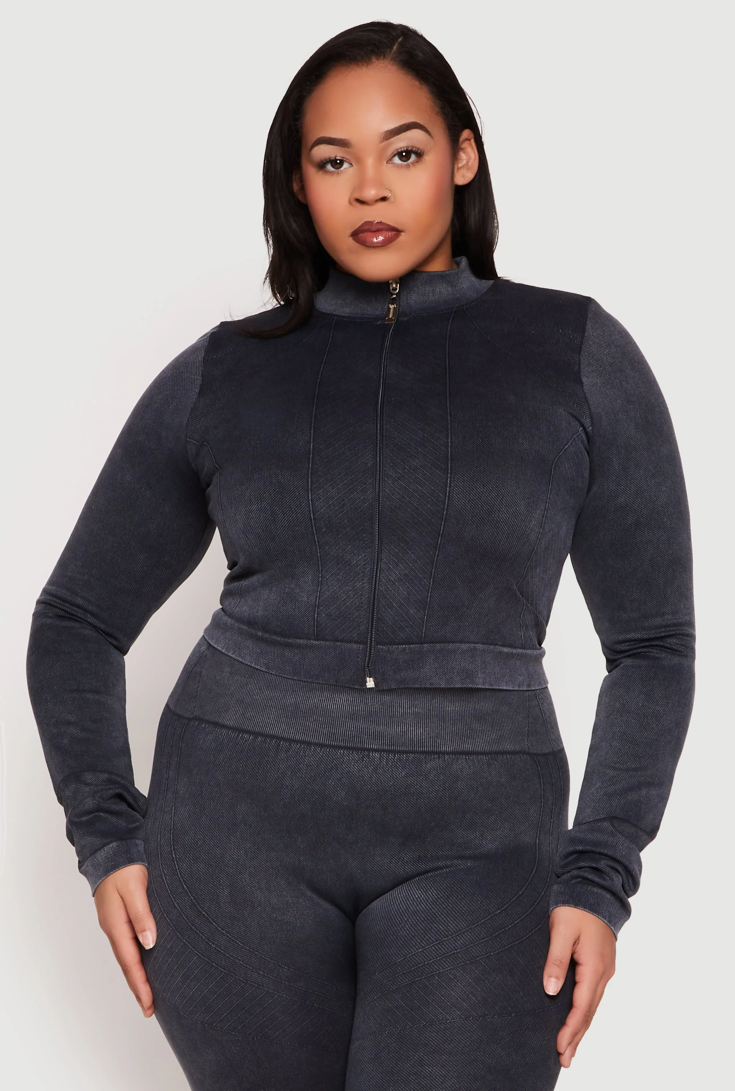 Plus Size Seamless Acid Wash Mock Neck Track Jacket sold by Rainbow
