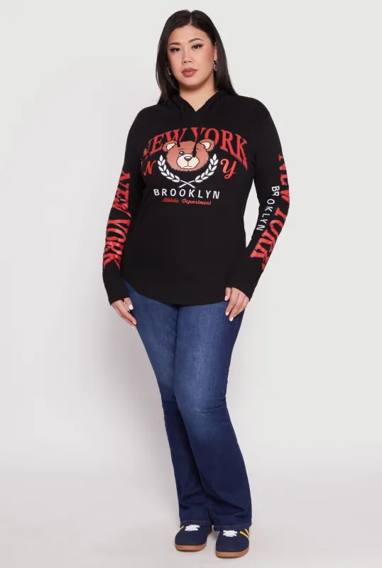 Plus Size New York Brooklyn Bear Hooded Top sold by Rainbow