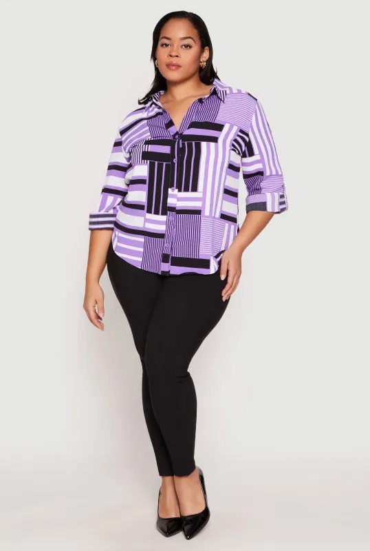 Plus Size Abstract Striped Button Front Shirt sold by Rainbow