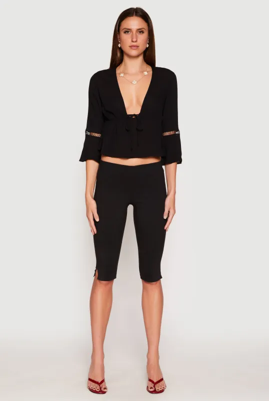 Gauze Knit Tie Front Keyhole Blouse sold by Rainbow