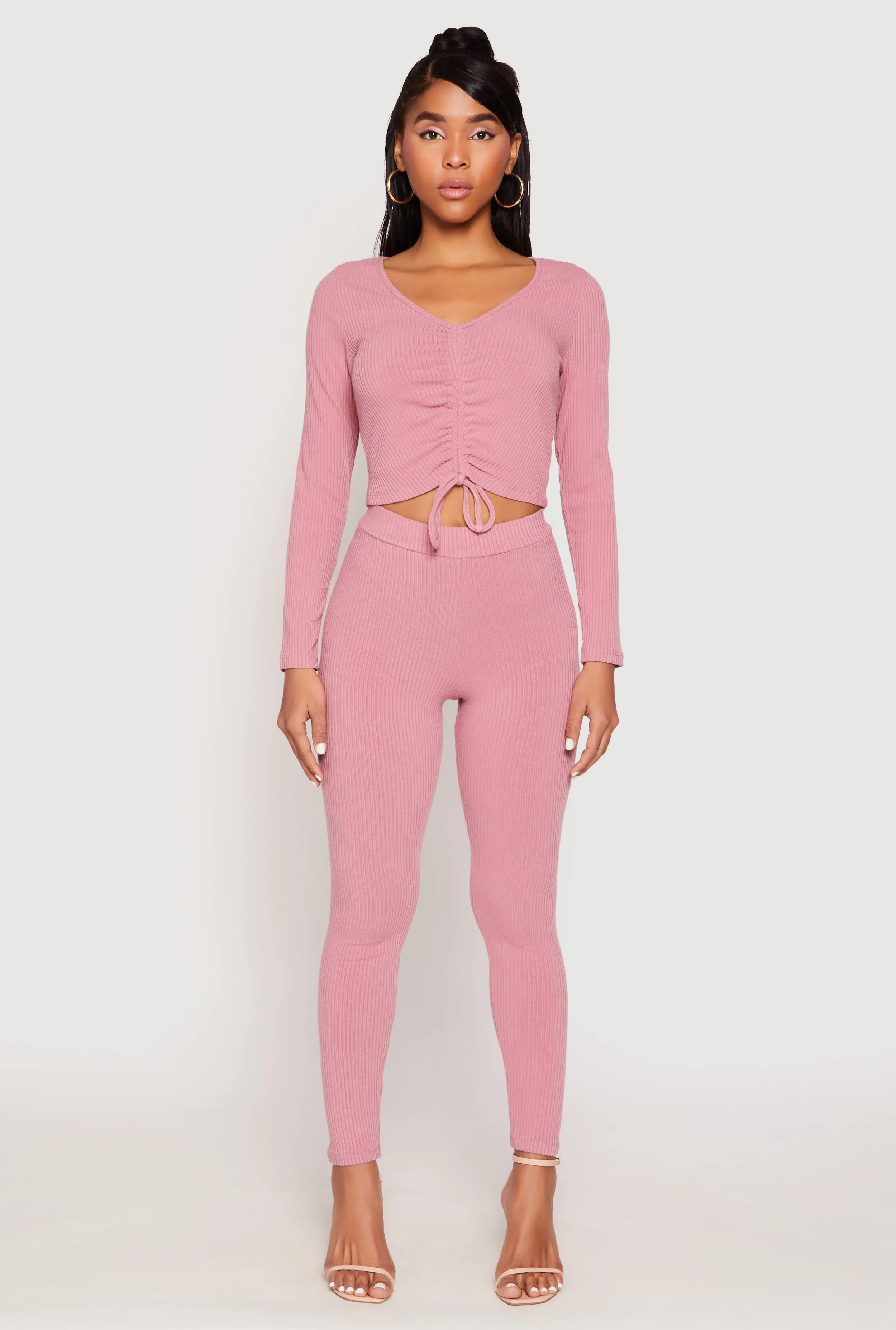 Rib Knit Drawstring Front Ruched Crop Top sold by Rainbow product image thumbnail 2