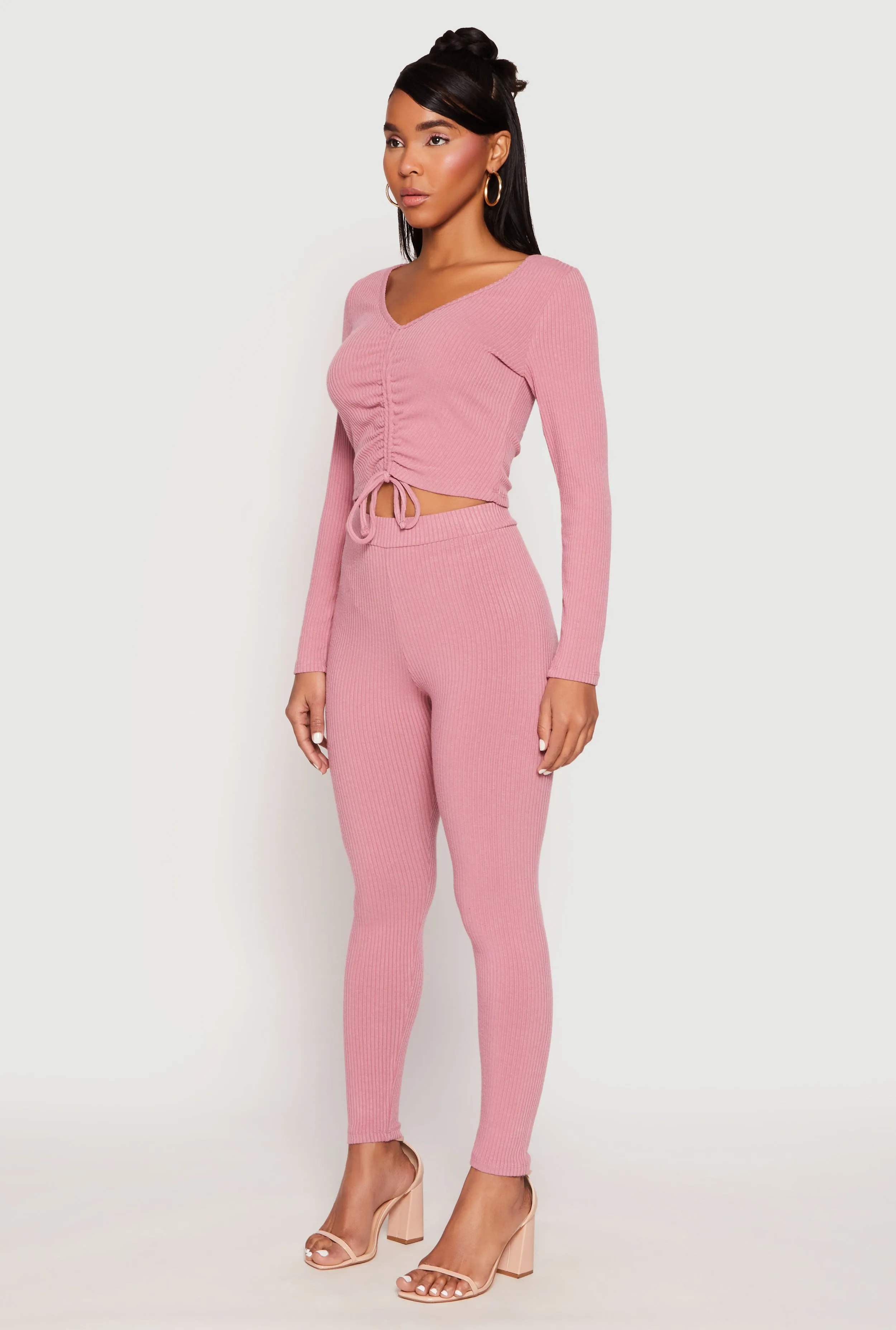 Rib Knit Drawstring Front Ruched Crop Top sold by Rainbow product image thumbnail 3