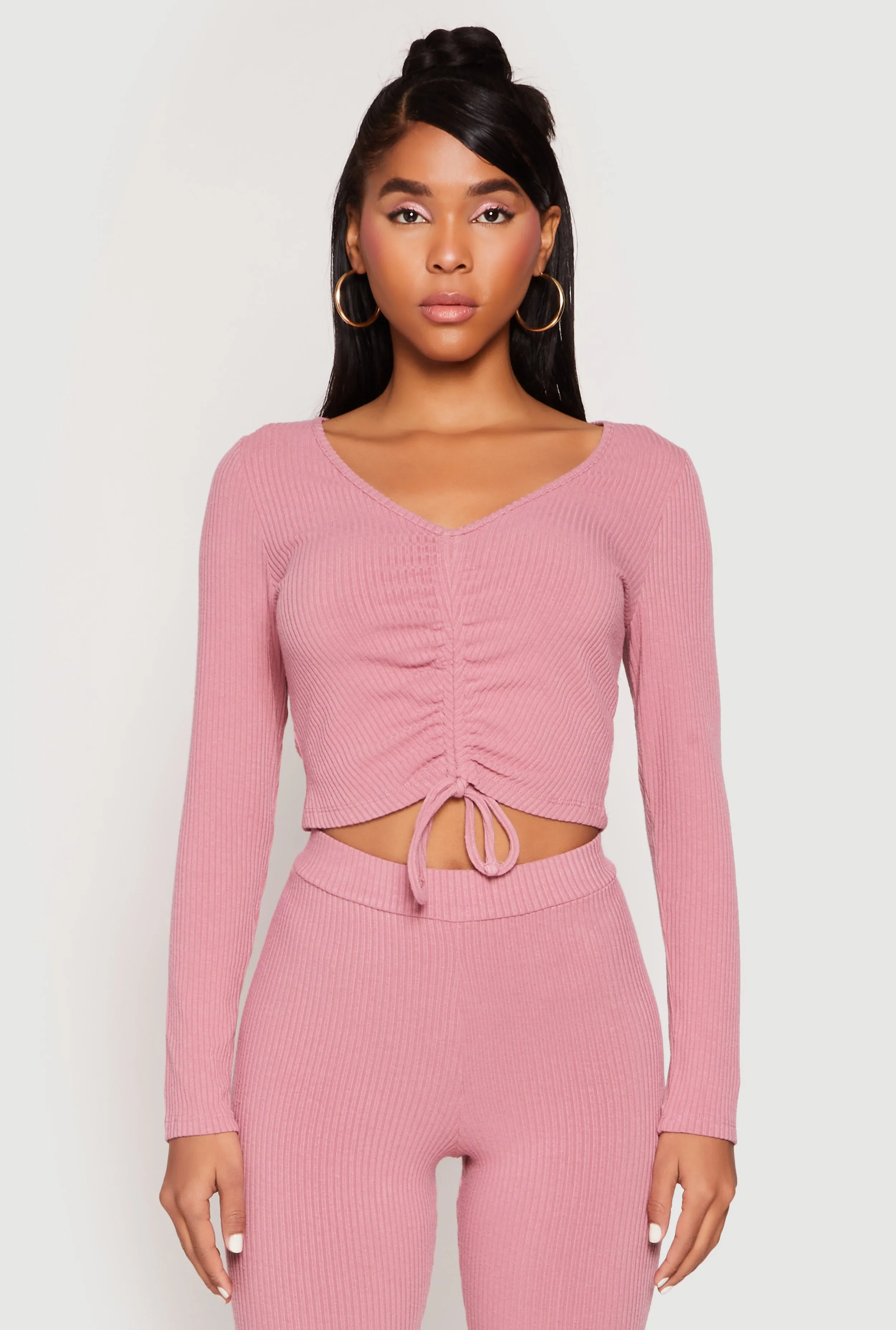 Rib Knit Drawstring Front Ruched Crop Top sold by Rainbow