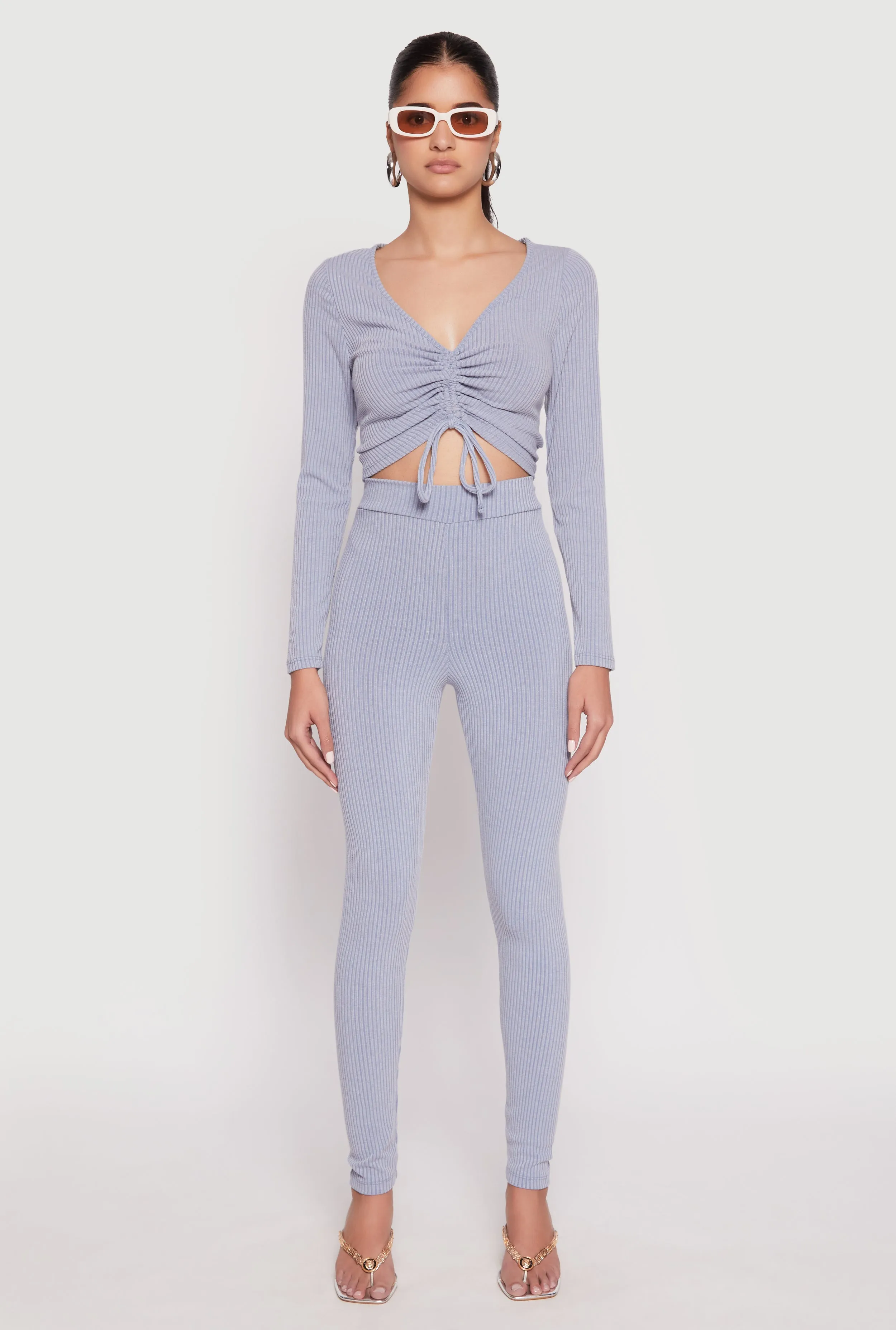 Rib Knit Drawstring Front Ruched Crop Top sold by Rainbow product image thumbnail 2