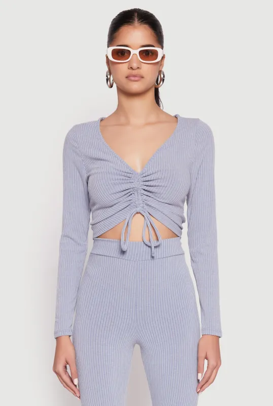 Rib Knit Drawstring Front Ruched Crop Top sold by Rainbow