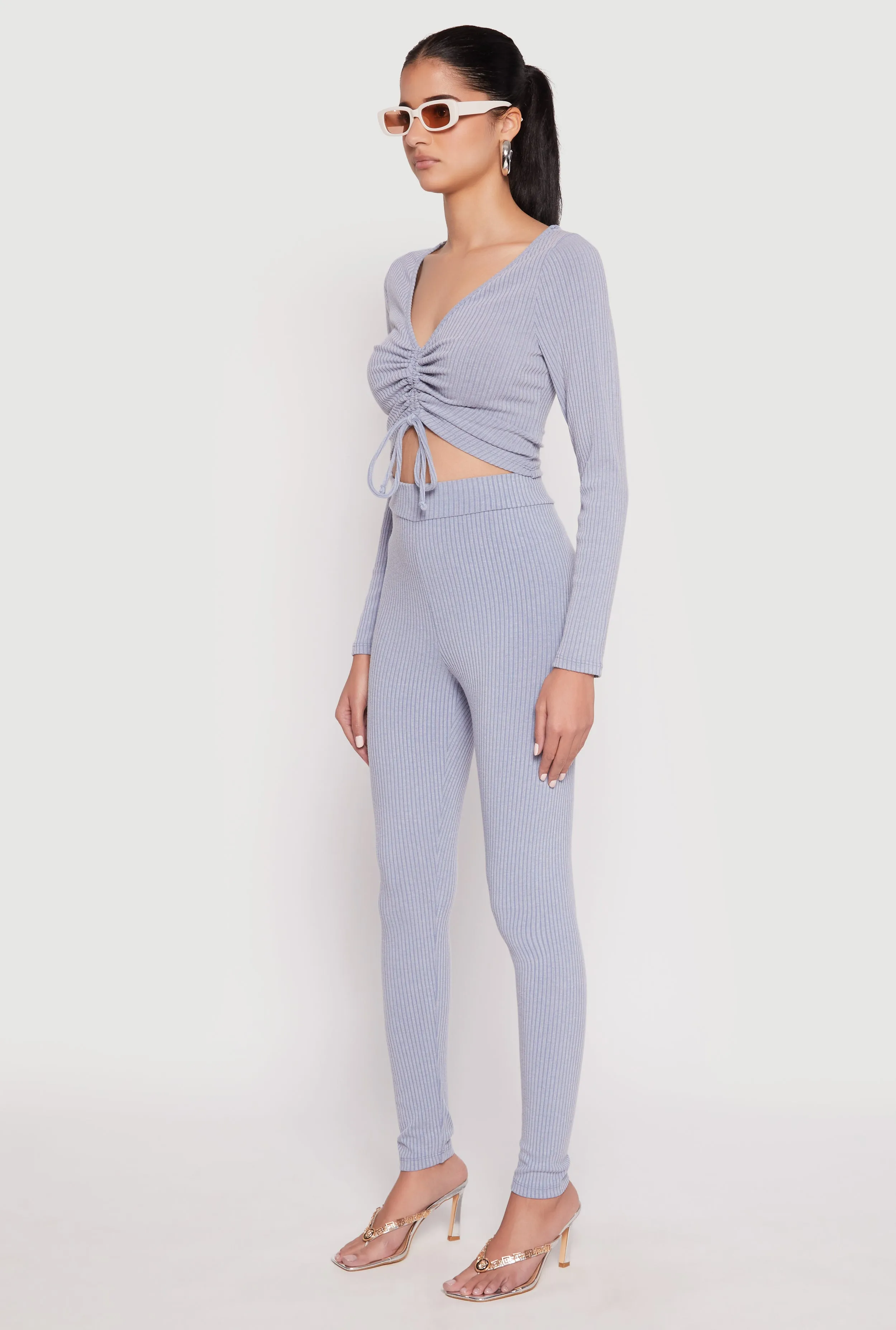 Rib Knit Drawstring Front Ruched Crop Top sold by Rainbow product image thumbnail 3