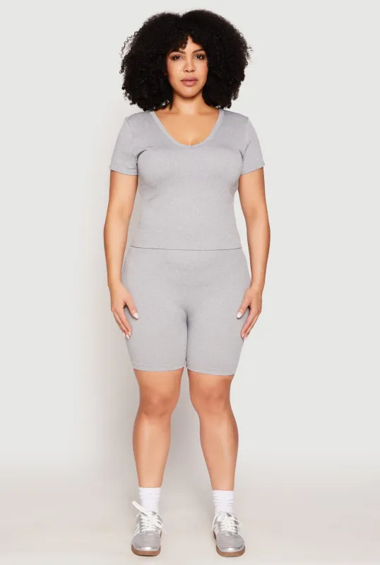 Plus Size Seamless V Neck Top and Biker Shorts Set sold by Rainbow