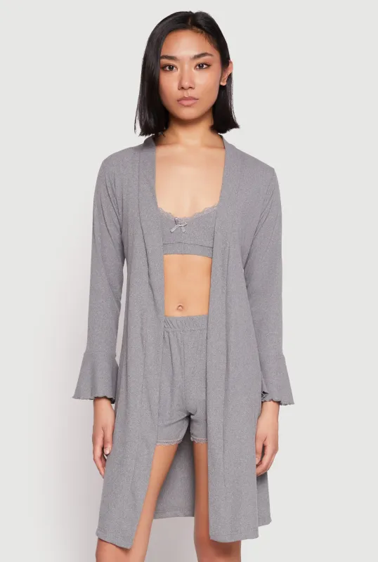 Ribbed Knit Pajama Bralette and Shorts with Robe sold by Rainbow