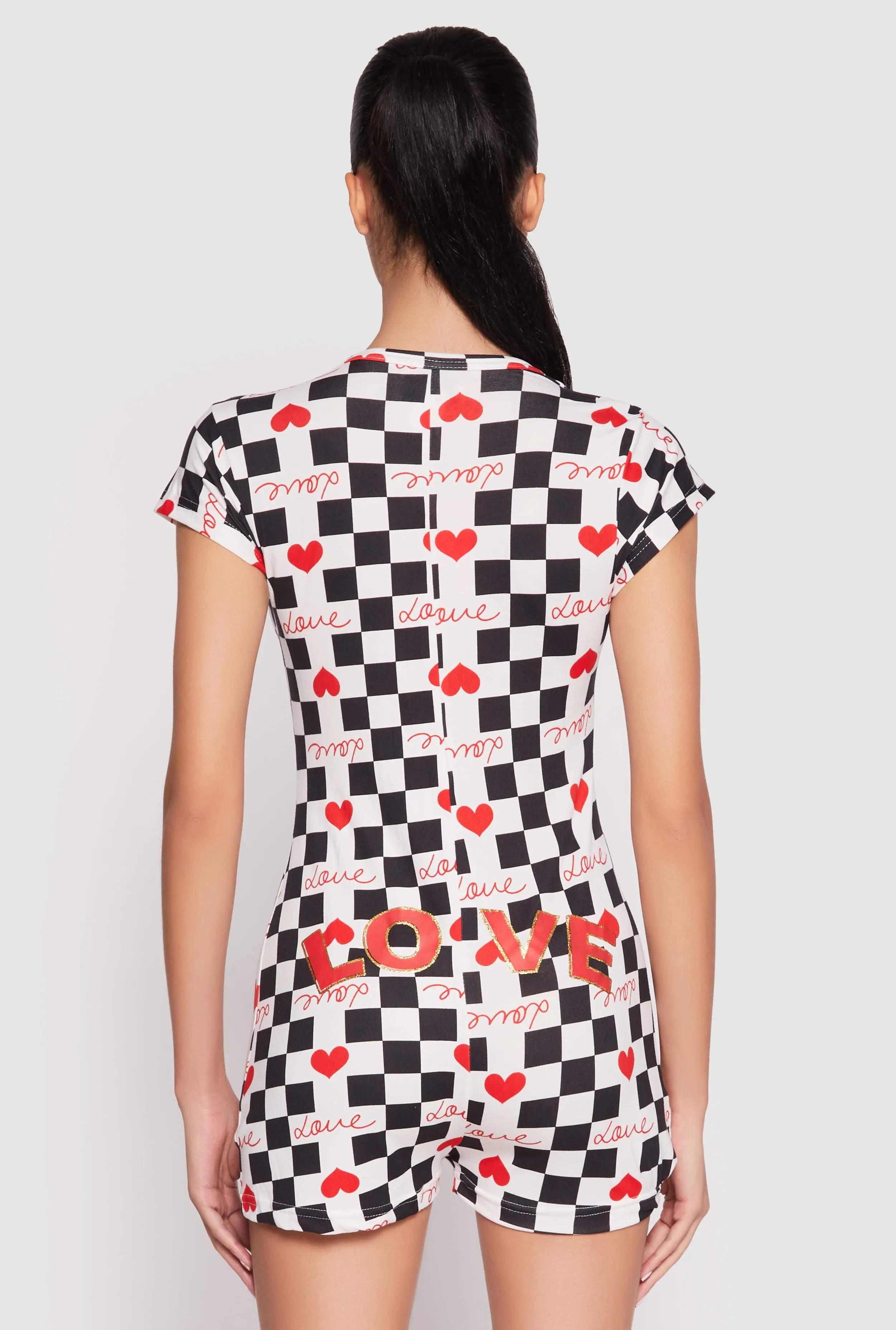 Love Checkered Print Button Front Pajama Romper sold by Rainbow product image thumbnail 2