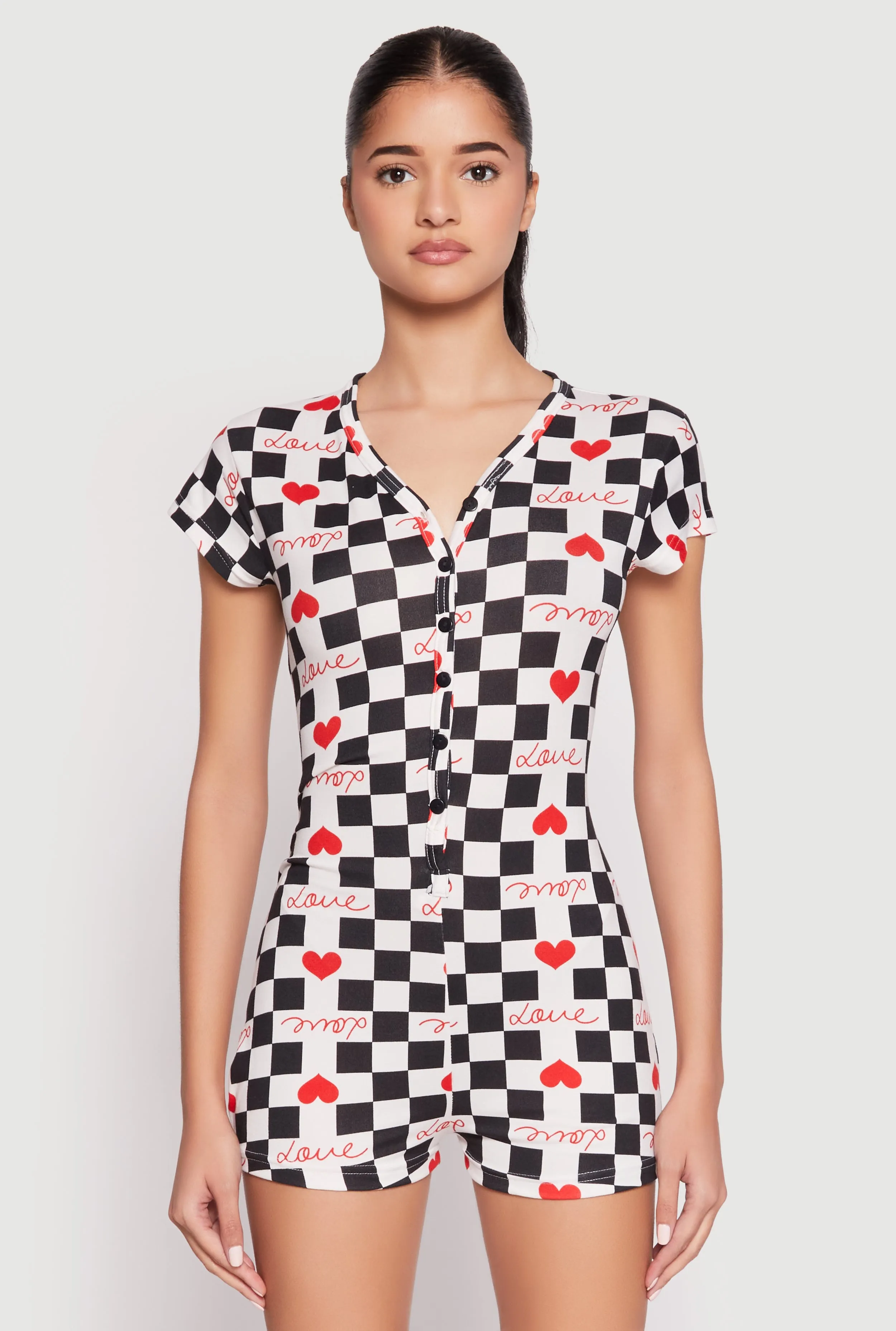 Love Checkered Print Button Front Pajama Romper sold by Rainbow