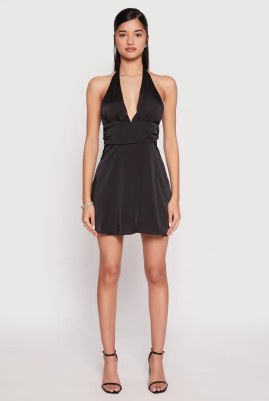 Satin Tie Back Halter Skater Dress sold by Rainbow