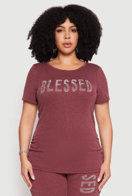Plus Size Ribbed Knit Rhinestone Blessed Top sold by Rainbow