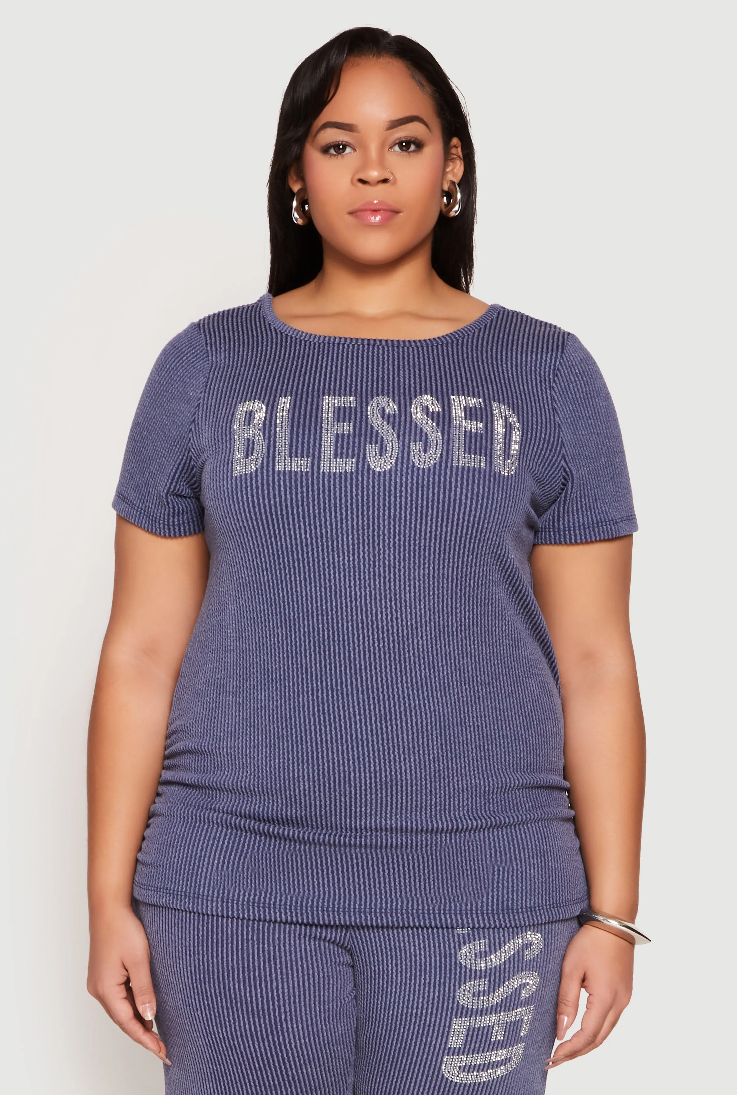 Plus Size Ribbed Knit Rhinestone Blessed Top sold by Rainbow