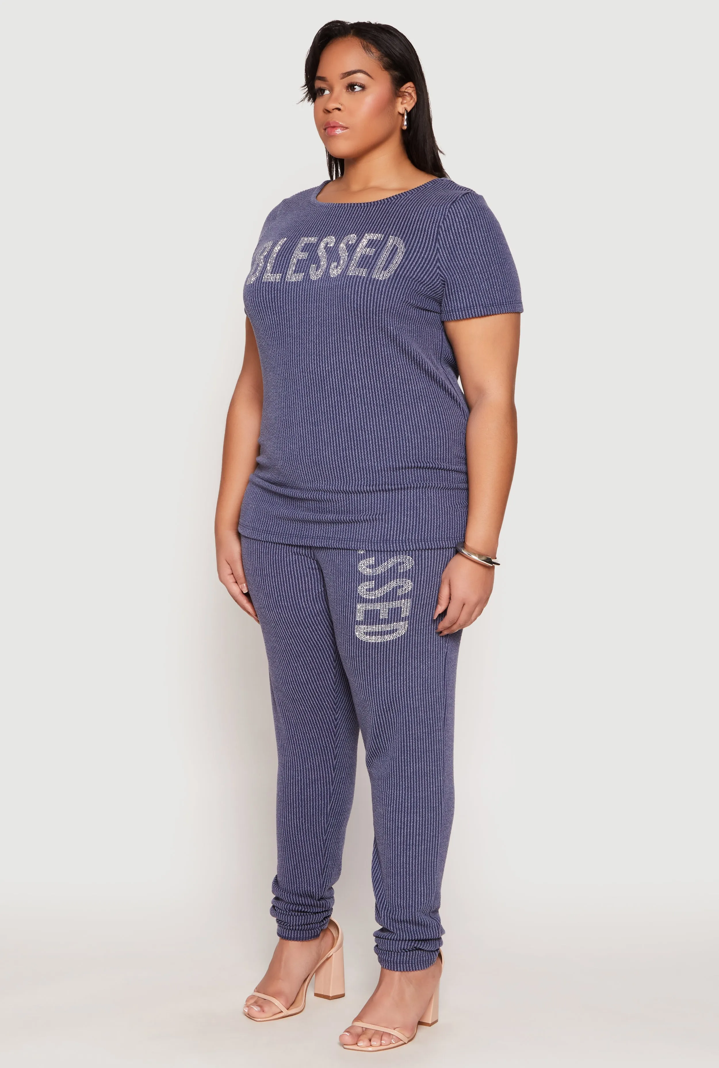 Plus Size Ribbed Knit Rhinestone Blessed Top sold by Rainbow product image thumbnail 3