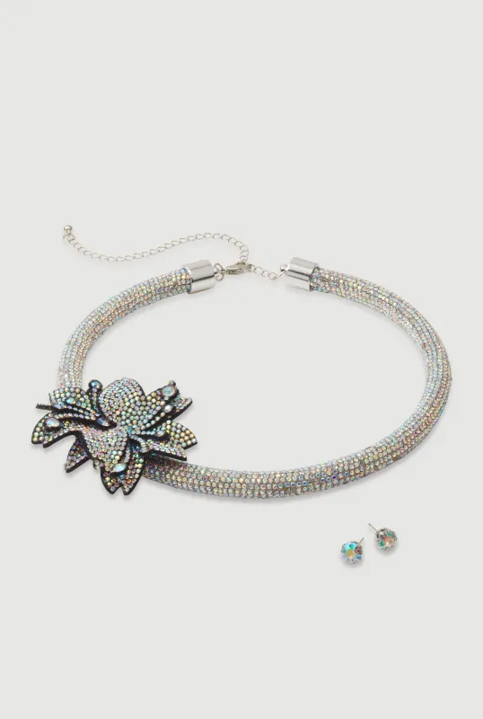 Rhinestone Embellished Flower Choker Necklace and Earrings sold by Rainbow