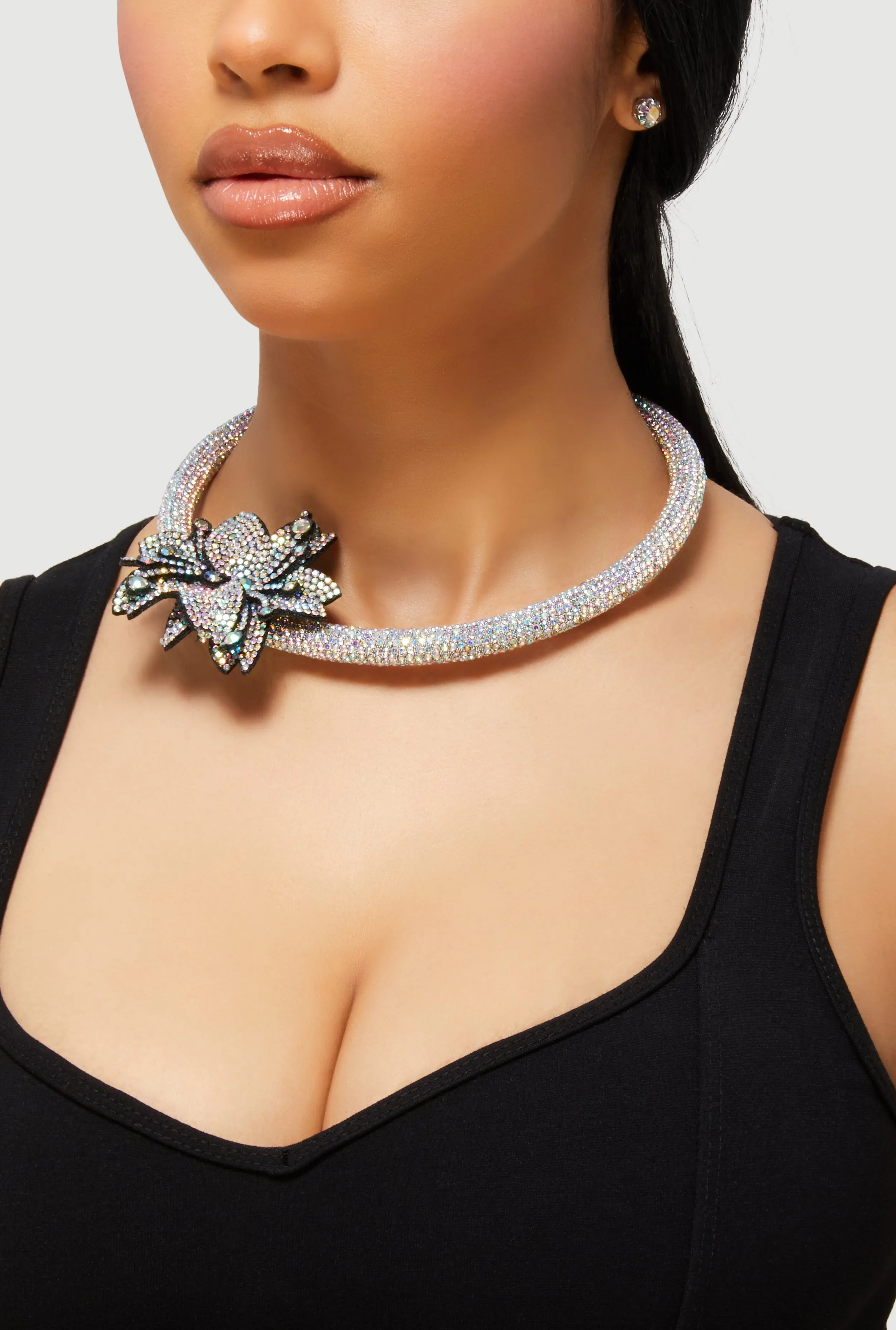 Rhinestone Embellished Flower Choker Necklace and Earrings sold by Rainbow product image thumbnail 2