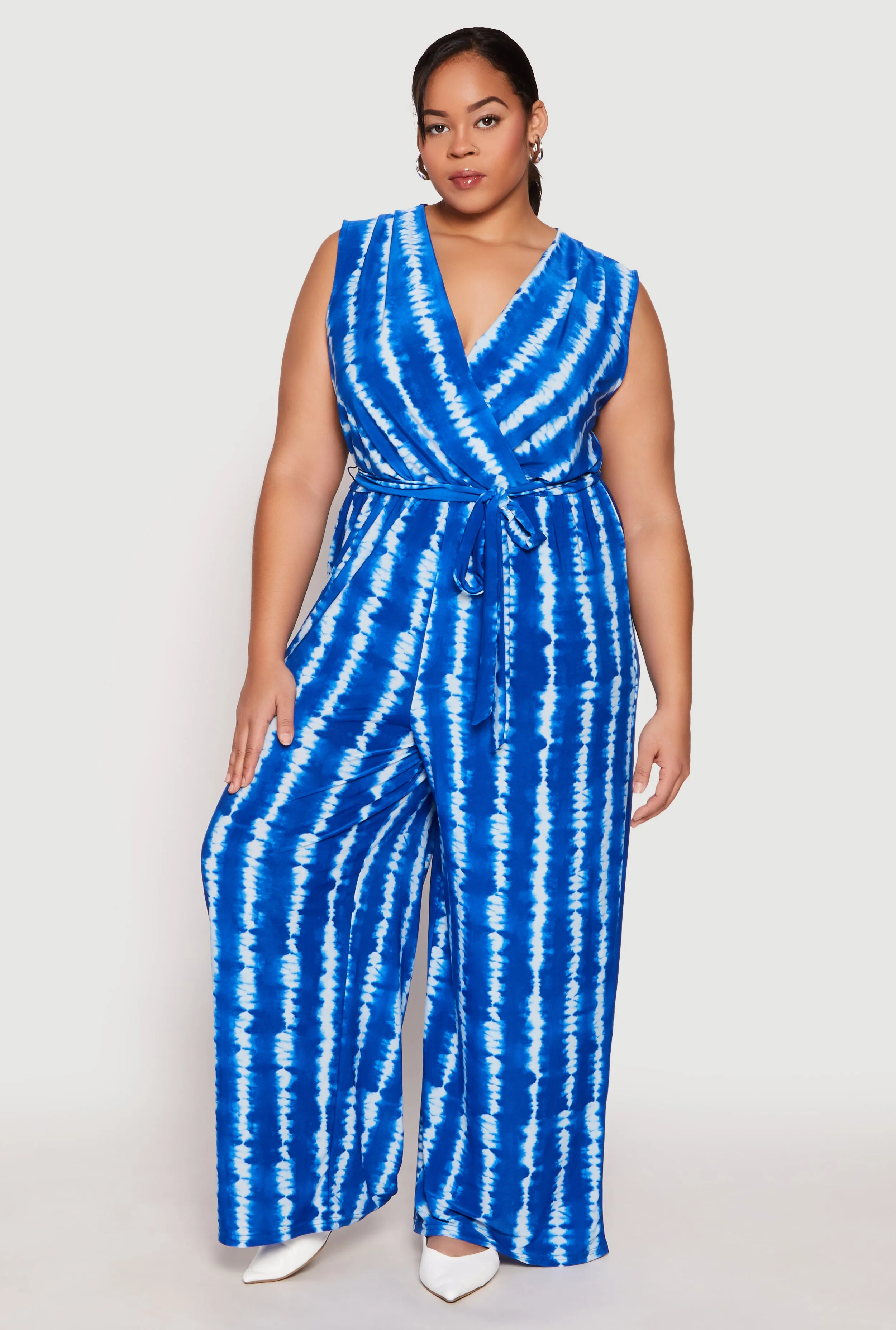 Plus Size Tie Dye Faux Wrap Tie Waist Jumpsuit sold by Rainbow