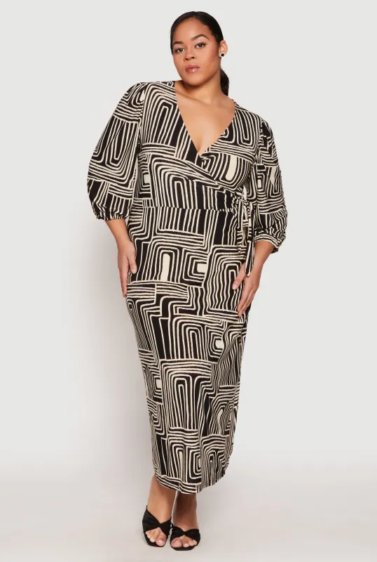 Plus Size Abstract Print Faux Wrap Maxi Dress sold by Rainbow