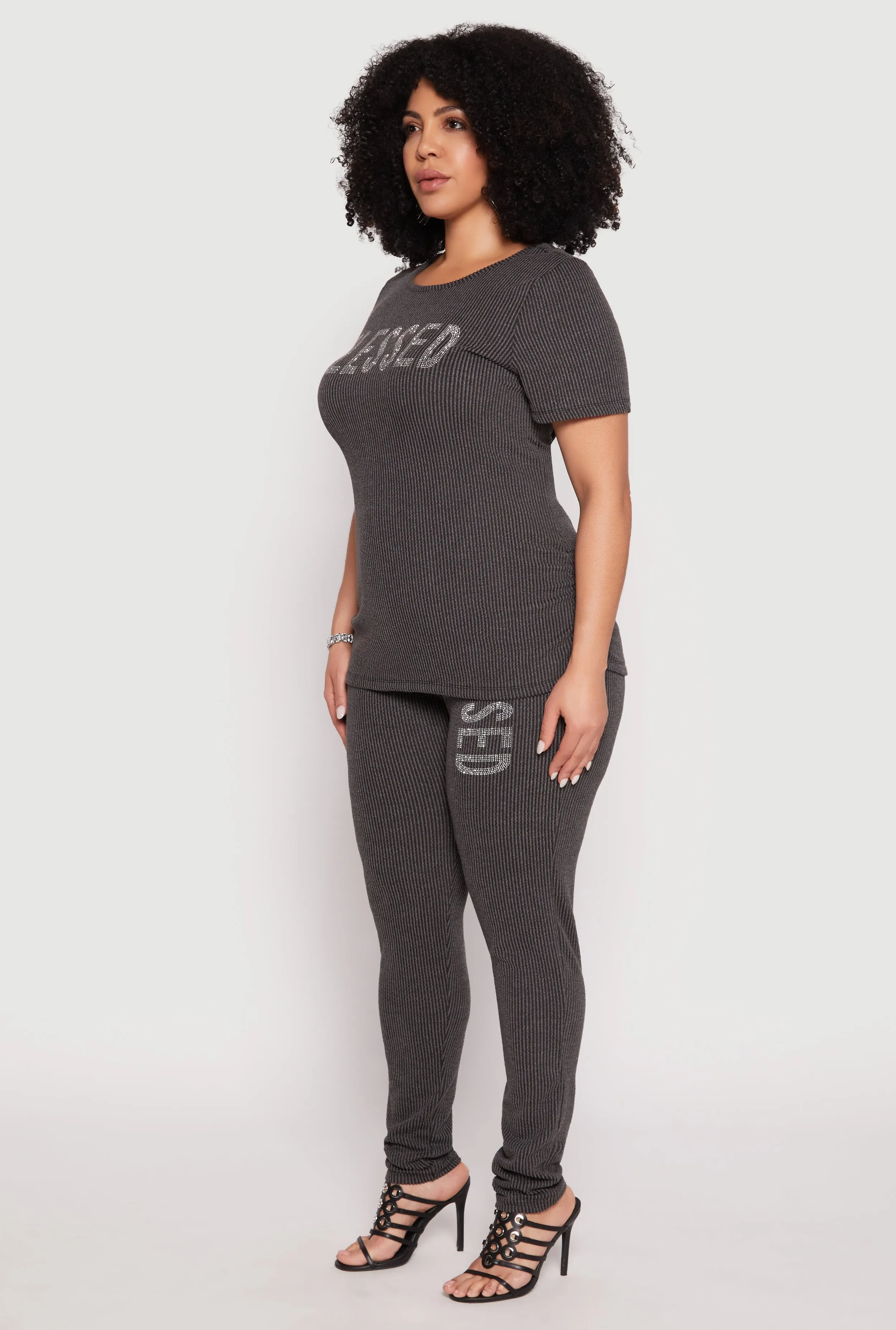 Plus Size Ribbed Knit Rhinestone Blessed Top sold by Rainbow product image thumbnail 3