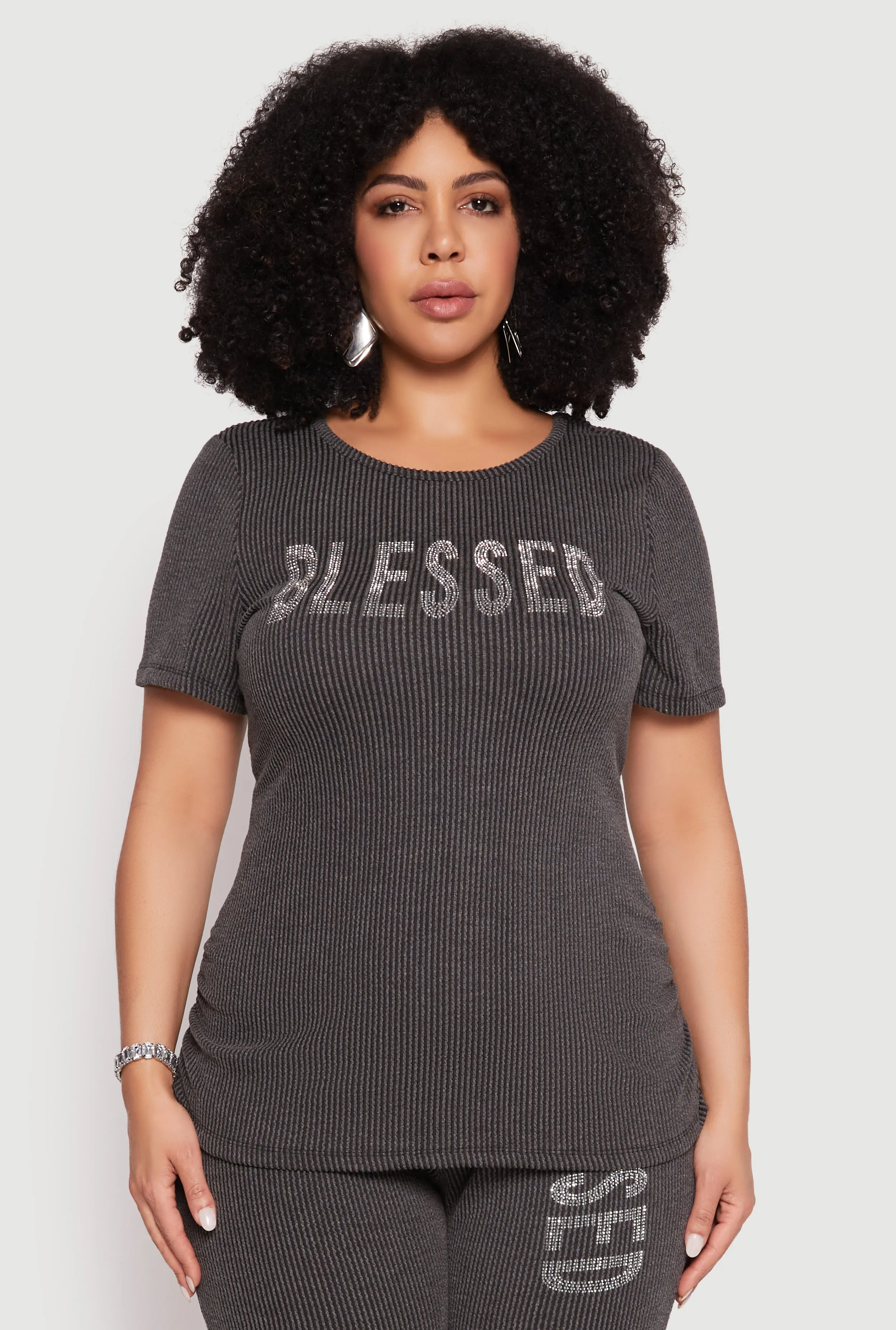 Plus Size Ribbed Knit Rhinestone Blessed Top sold by Rainbow