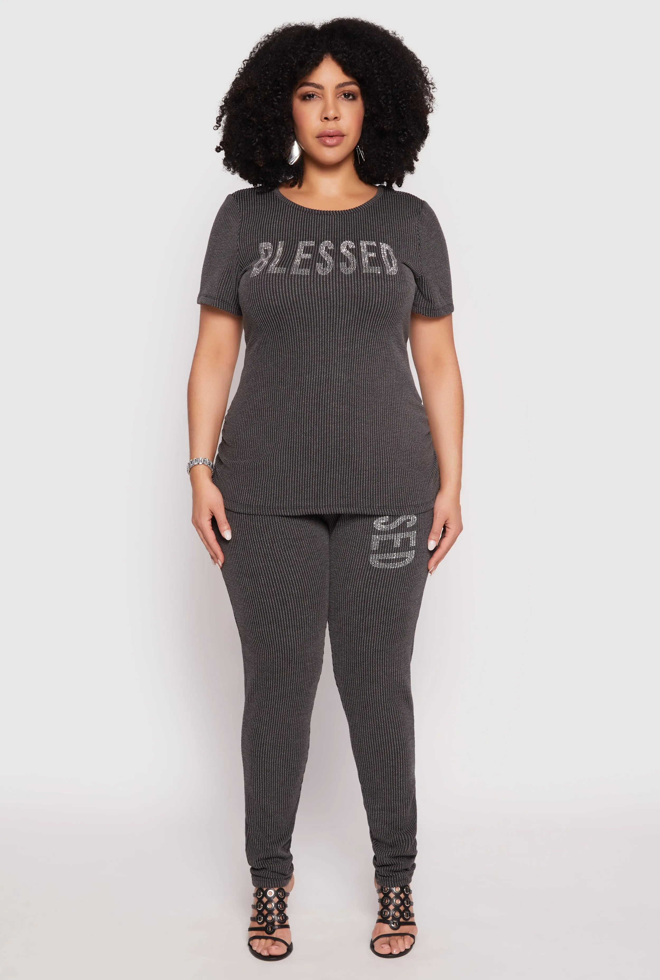 Plus Size Ribbed Knit Rhinestone Blessed Top sold by Rainbow product image thumbnail 2