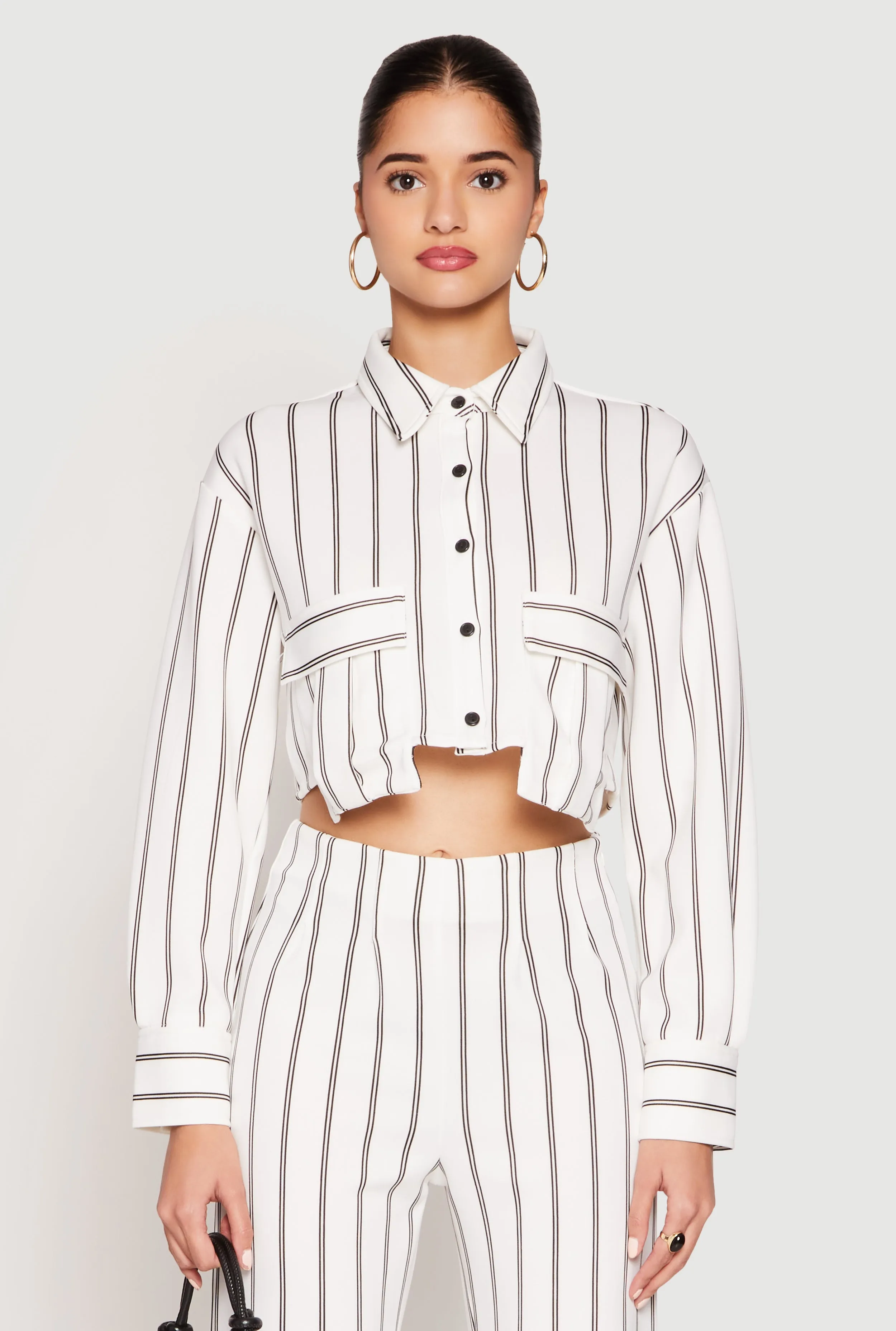 Striped Pocket Cropped Button Front Shirt sold by Rainbow