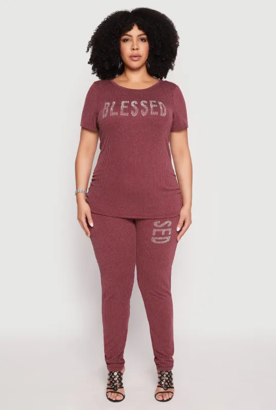 Plus Size Ribbed Knit Rhinestone Blessed Pants sold by Rainbow