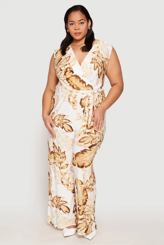 Plus Size Leaf Print Faux Wrap Tie Waist Jumpsuit sold by Rainbow