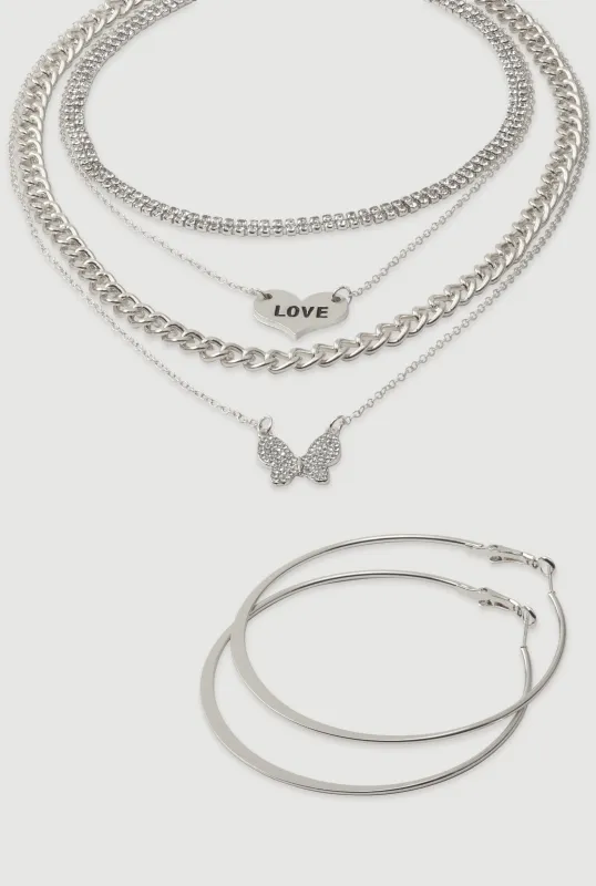 Cubic Zirconia Butterfly Pendant Layered Necklace and Hoop Earrings sold by Rainbow
