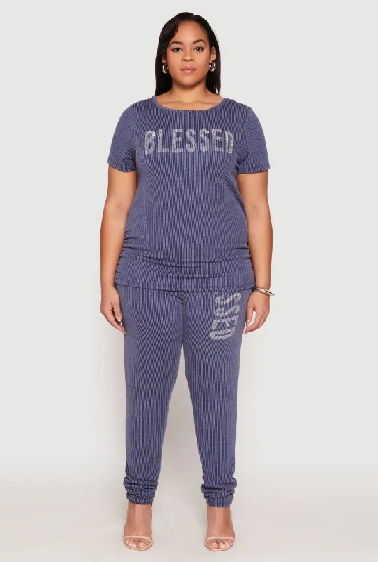 Plus Size Ribbed Knit Rhinestone Blessed Pants sold by Rainbow