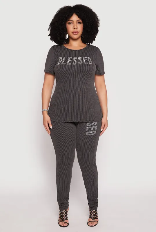 Plus Size Ribbed Knit Rhinestone Blessed Pants sold by Rainbow