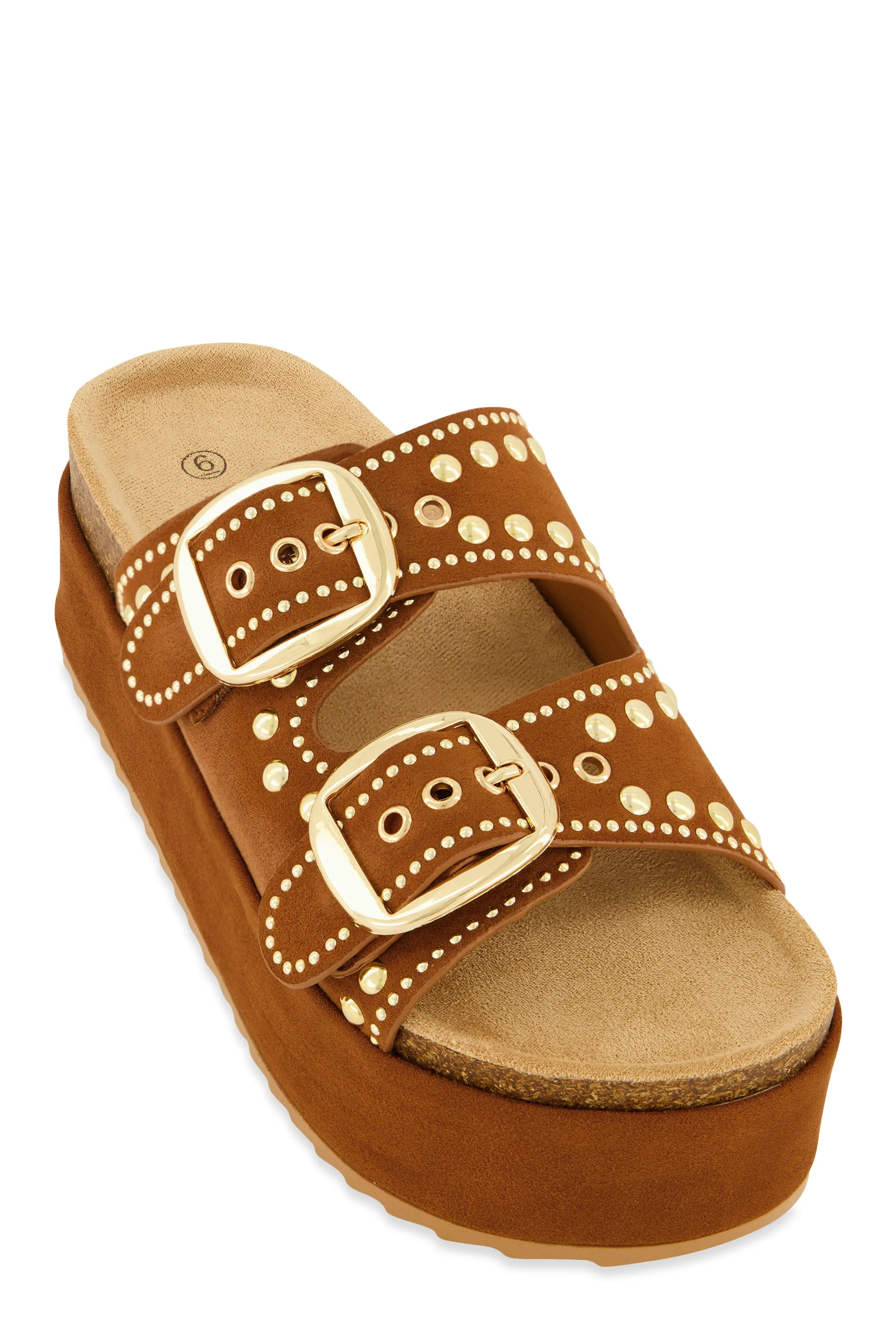 Faux Suede Studded Platform Footbed Sandals sold by Rainbow