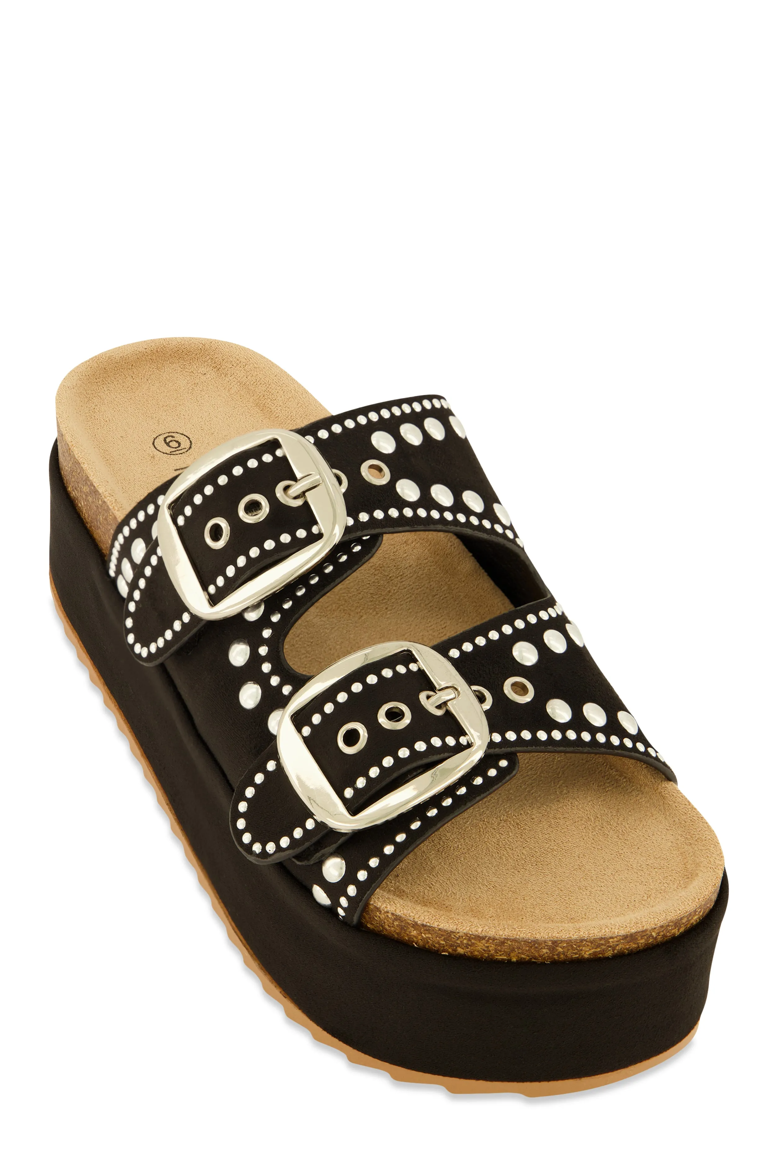 Faux Suede Studded Platform Footbed Sandals sold by Rainbow