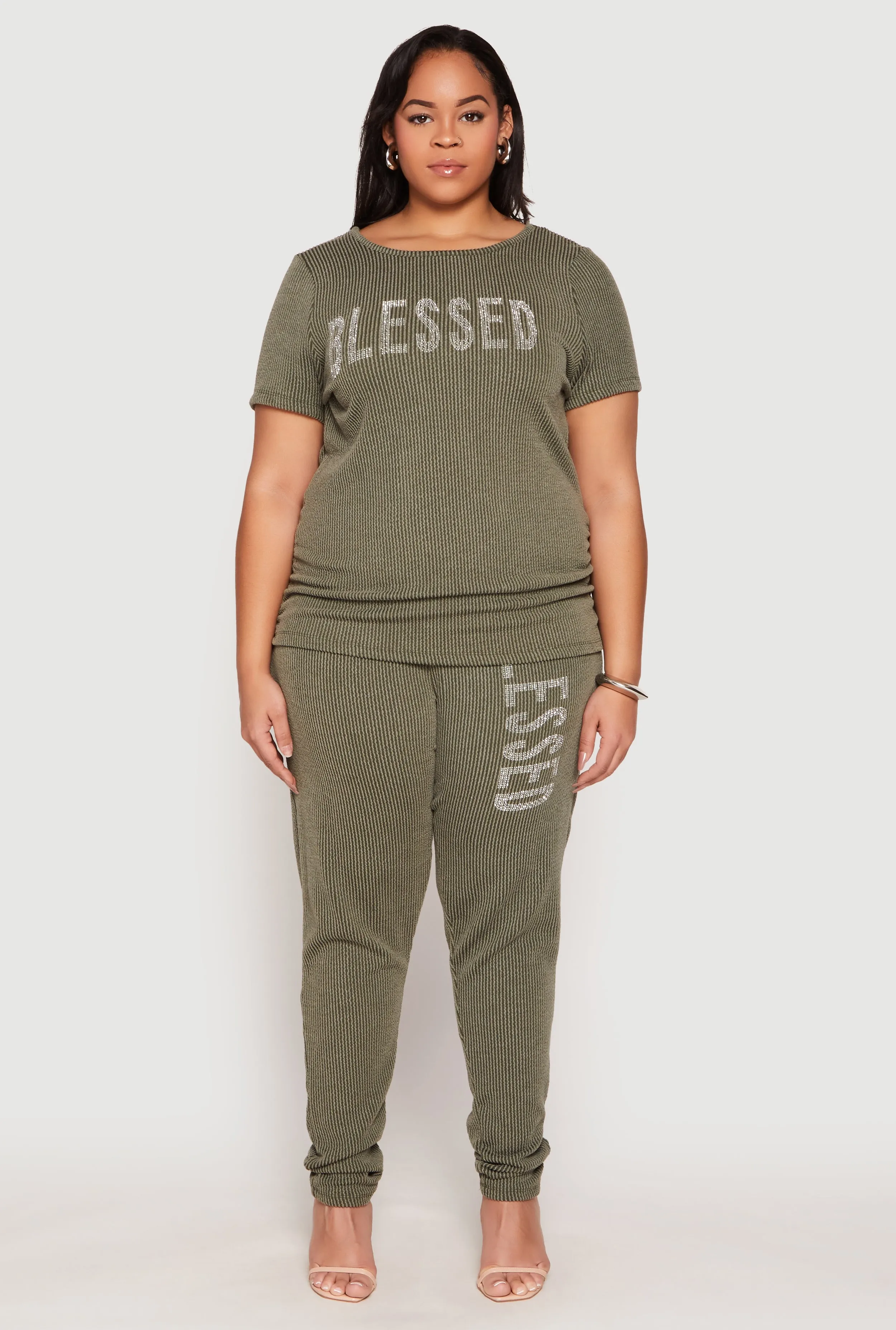 Plus Size Ribbed Knit Rhinestone Blessed Pants sold by Rainbow