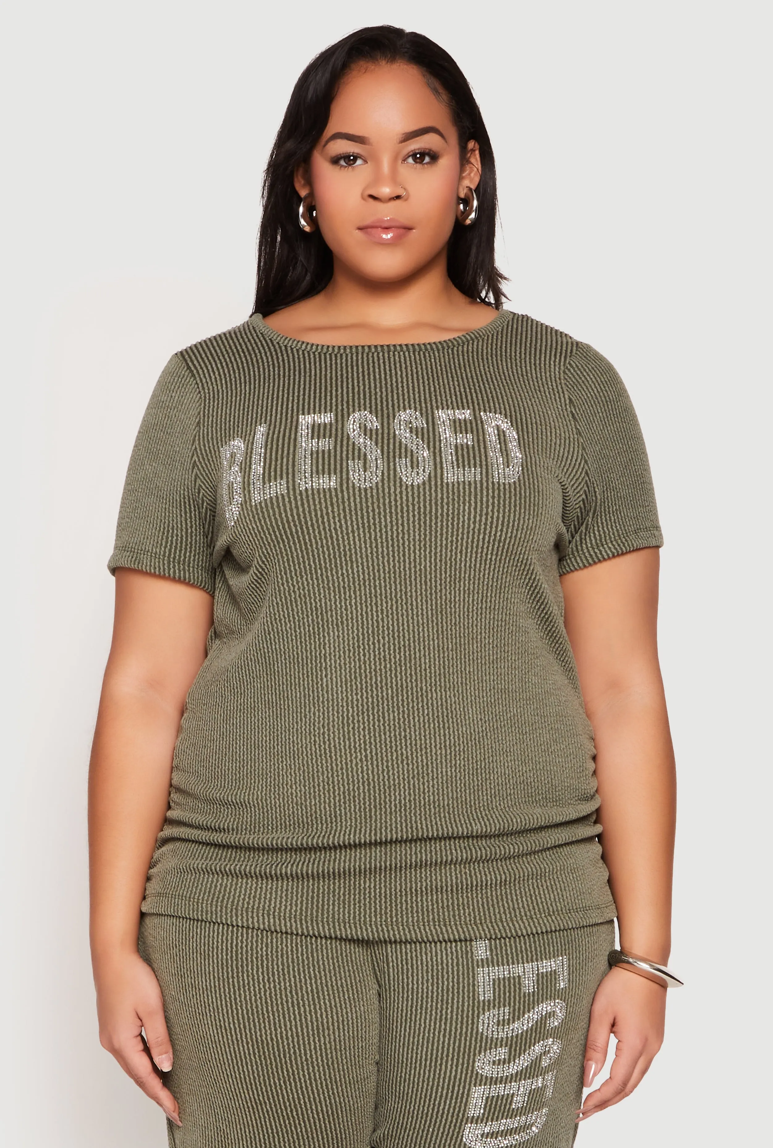 Plus Size Ribbed Knit Rhinestone Blessed Top sold by Rainbow