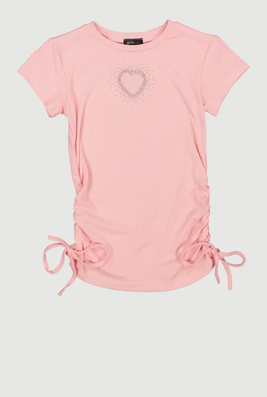 Girls Rhinestone Heart Side Ruched Tee sold by Rainbow
