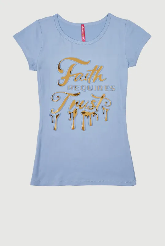 Girls 3D Faith Requires Trust Foil Screen Graphic Tee sold by Rainbow