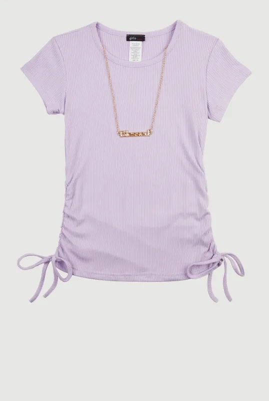 Girls Ribbed Knit Short Sleeve Top with Necklace sold by Rainbow