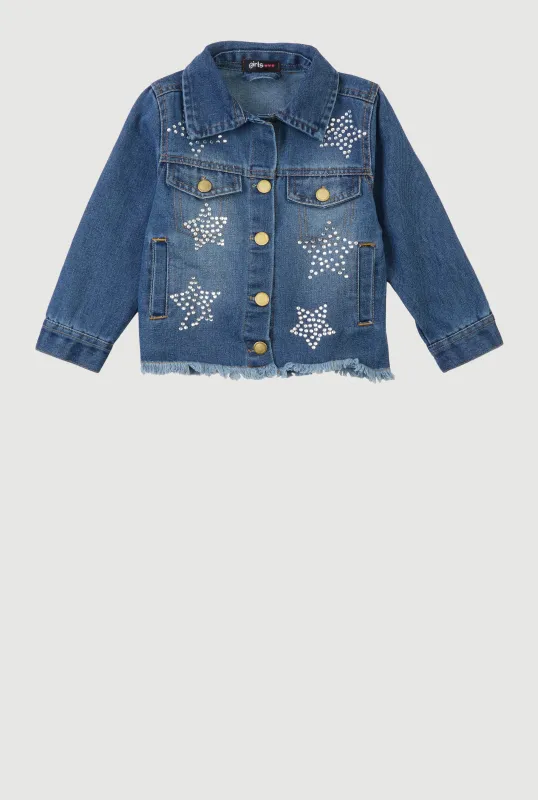 Little Girls Rhinestone Star Frayed Denim Jacket sold by Rainbow