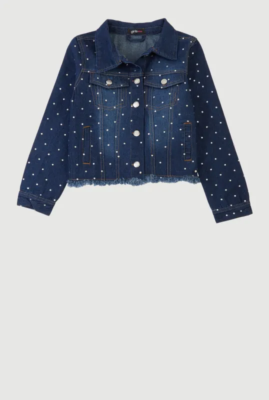 Girls Rhinestone Studded Frayed Hem Denim Jacket sold by Rainbow