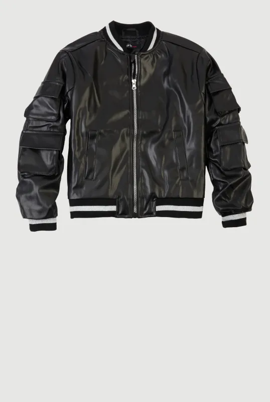 Girls Faux Leather Cargo Bomber Jacket sold by Rainbow