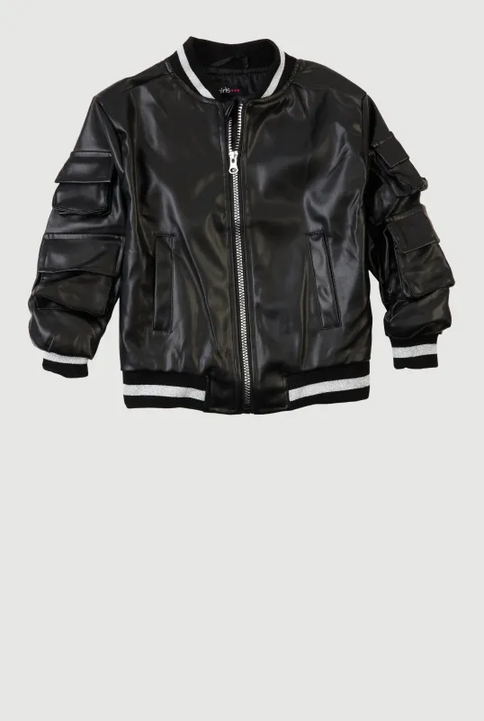Little Girls Faux Leather Cargo Pocket Bomber Jacket sold by Rainbow