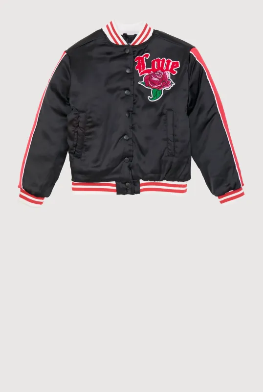 Girls Satin Love Chenille Patch Bomber Jacket sold by Rainbow