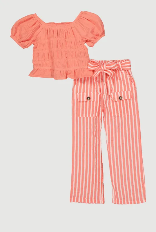 Little Girls Smocked Blouse and Tie Waist Belted Pants sold by Rainbow