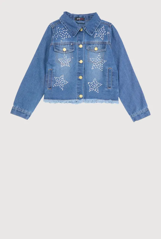 Girls Rhinestone Star Frayed Denim Jacket sold by Rainbow