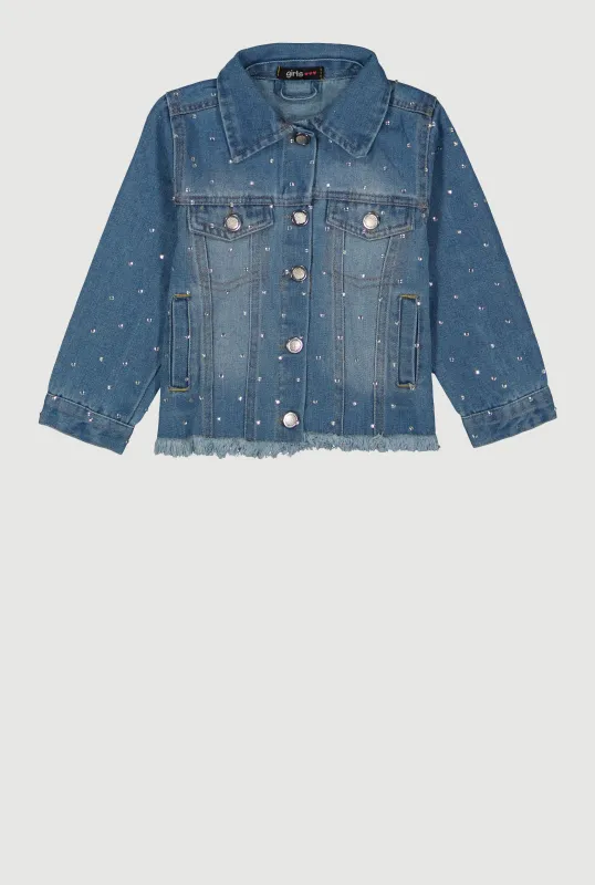 Little Girls Rhinestone Studded Frayed Denim Jacket sold by Rainbow